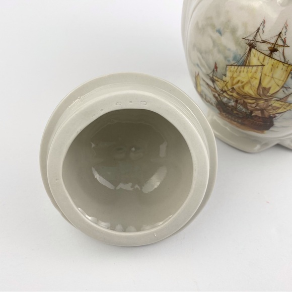 Vintage ceramic lidded jar decorative cannister, sailing ships nautical decor 7" - Picture 7 of 10